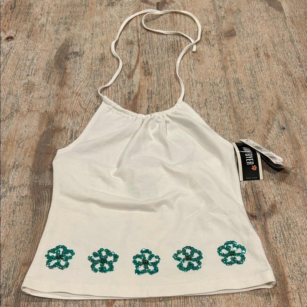 Amy Byer White Camisole with Green Floral Design